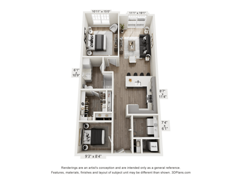 Floor plan for 2 beds, 1 bath, 1014 sqft